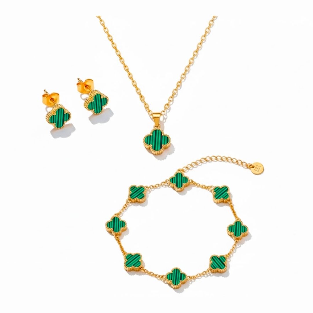 Edelstahl Grünes Kleeblatt Schmuckset (3-teilig)