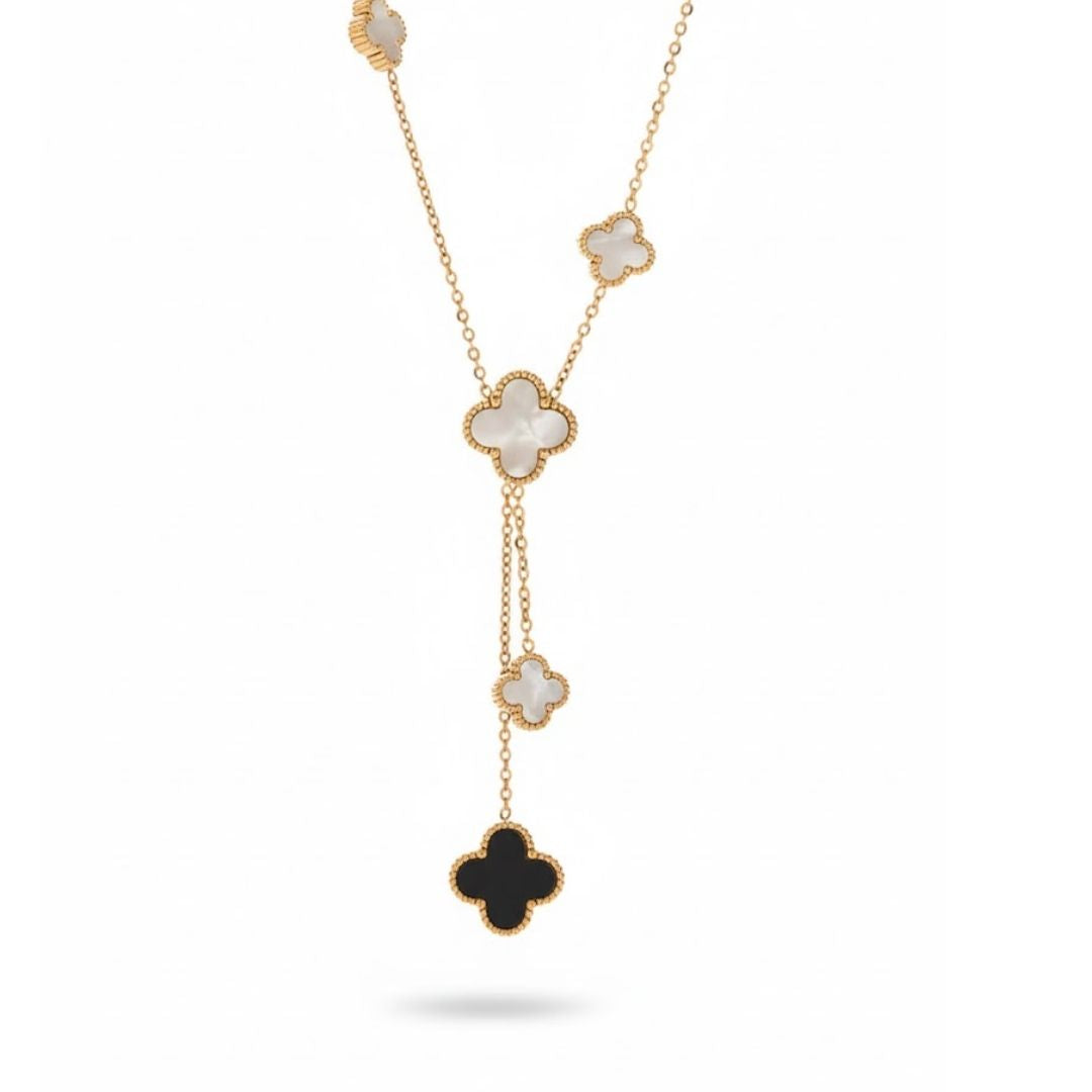 Edelstahl Schwarz-Weiß Kleeblatt Damenkette