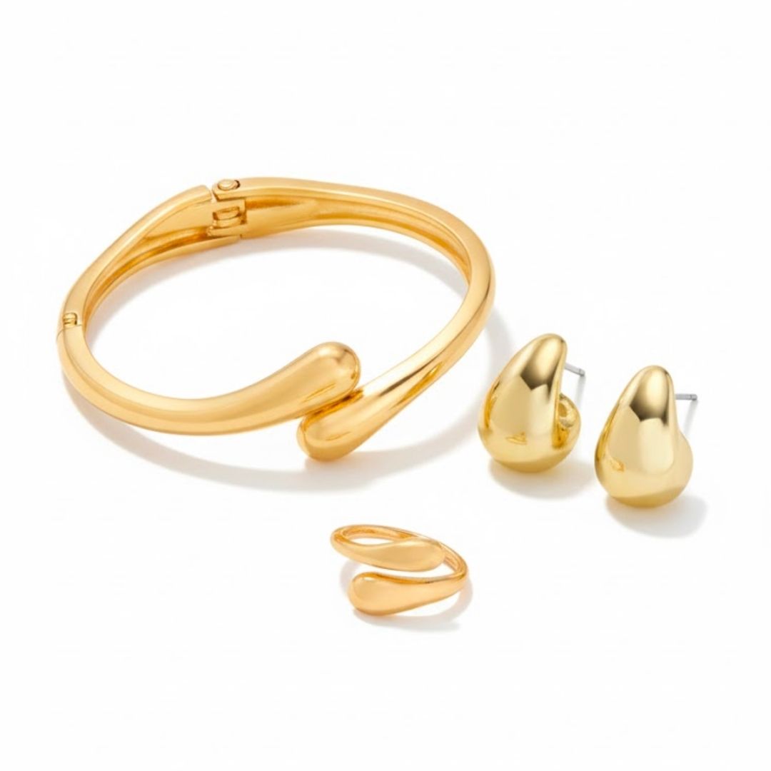 Edelstahl Asymmetrisches Schmuckset (Armreif, Ohrringe, Ring)