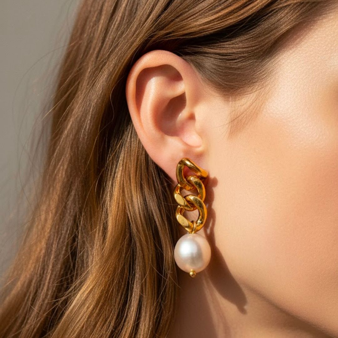 Edelstahl Ketten-Design Ohrringe mit Süßwasserperle