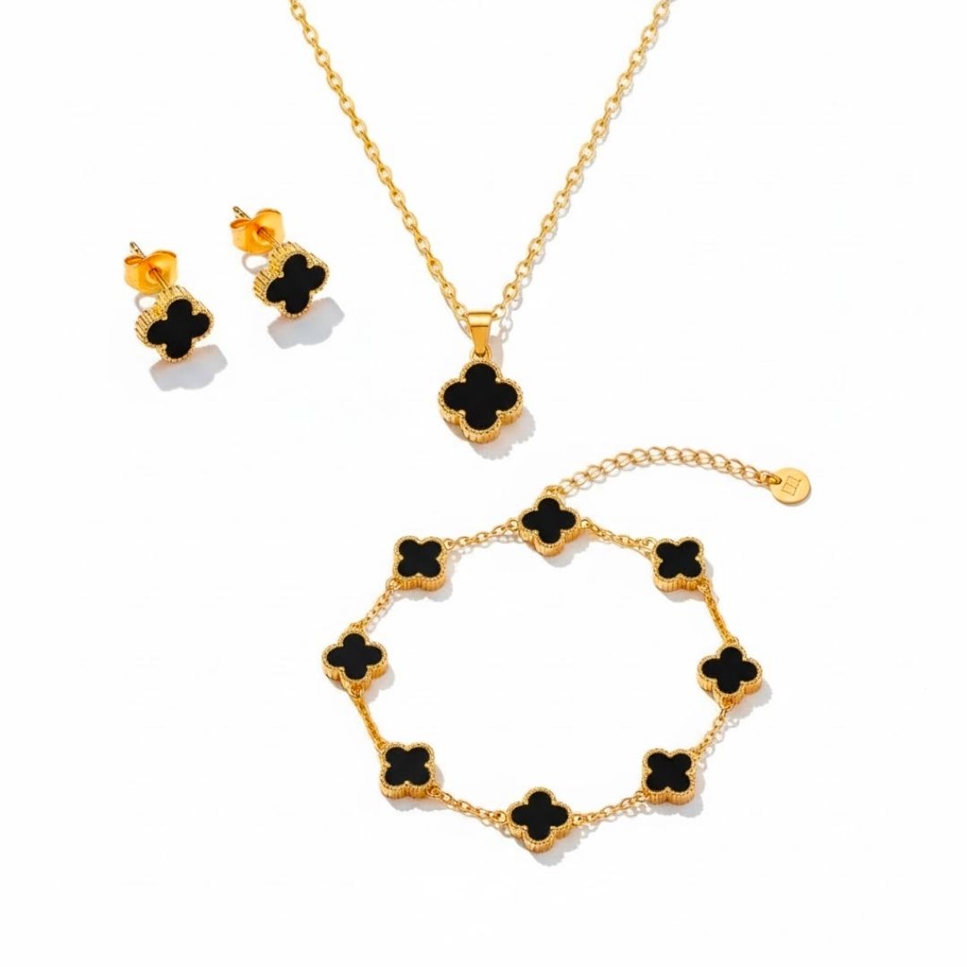 Edelstahl Schwarzes Kleeblatt Schmuckset (3-teilig)