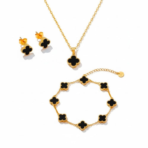 Edelstahl Schwarzes Kleeblatt Schmuckset (3-teilig)