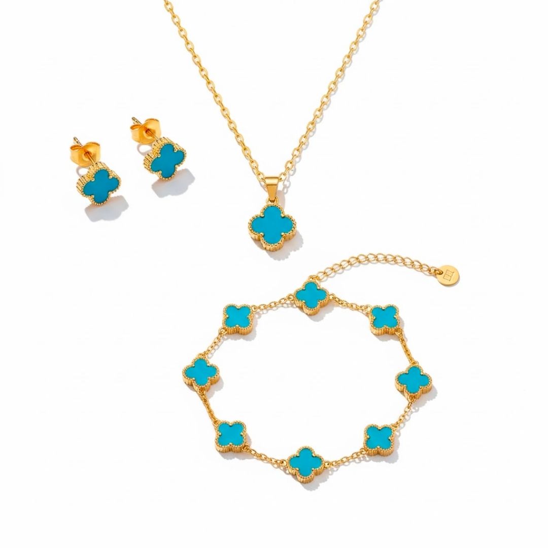 Edelstahl Blaues Kleeblatt Schmuckset (3-teilig)