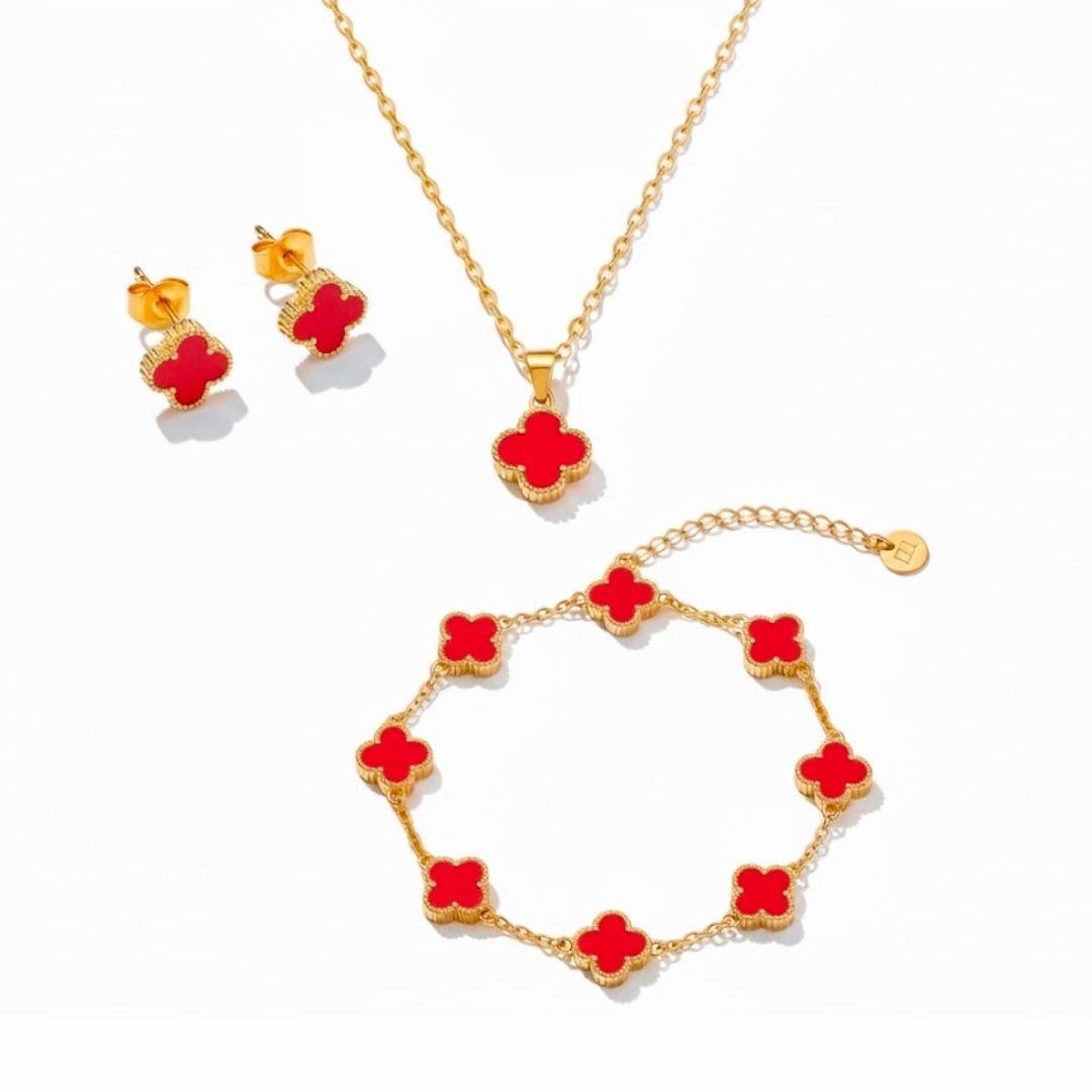 Edelstahl Rotes Kleeblatt Schmuckset (3-teilig)