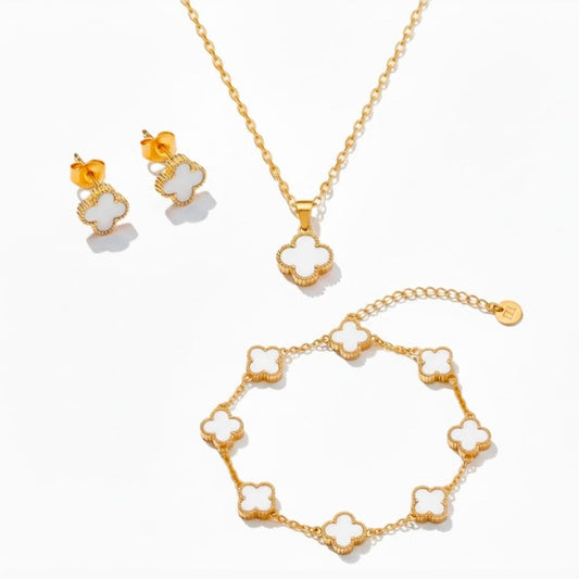 Edelstahl Weißes Kleeblatt Schmuckset (3-teilig)