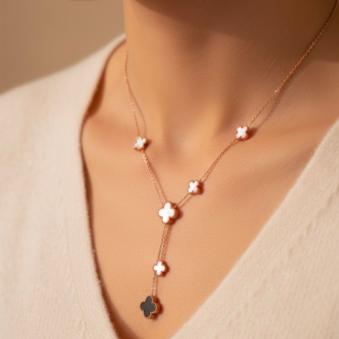 Edelstahl Schwarz-Weiß Kleeblatt Damenkette